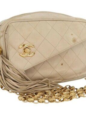 CHANEL Matelasse Chain Shoulder Bag Lamb Skin Ivory Gold CC Auth AMZ315